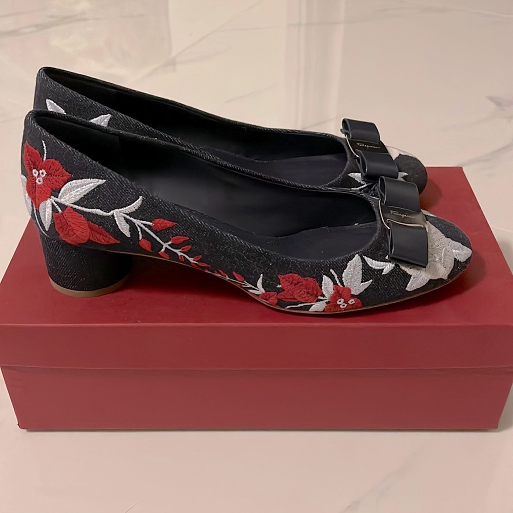 Ferragamo Denim Heels NWT
